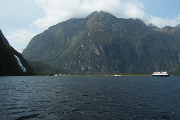 View of Milford Sound from Milford Foreshore Walk in Fiordland National Park in Southland on South Island of New Zealand
