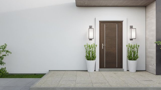New house with wooden door and empty white wall. Loop animation 3d rendering of large patio in modern home.