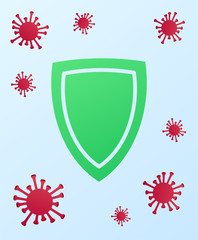 Vector blue background with shield and red virus covid-19 or coronavirus. 2019-nCoV. Novel coronavirus pandemic. Flat vector modern design