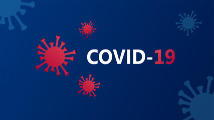 Vector blue background with red virus covid-19 or coronavirus. 2019-nCoV. Novel coronavirus pandemic. Flat vector modern design