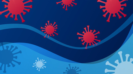 Vector blue background with red virus covid-19 or coronavirus. 2019-nCoV. Novel coronavirus pandemic. Flat vector modern design