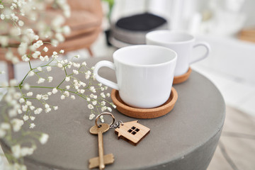 Stay home. House key and keychain in the form of homes lies on concrete table. Concept for real estate, mortgage, moving home or renting property. Bed and Breakfast