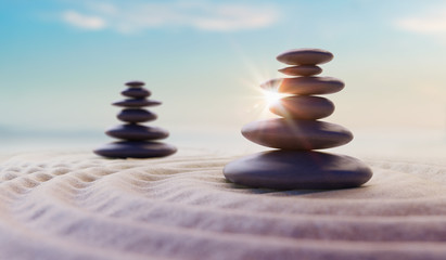 Zen-like balanced stones in stack. Harmony and meditation concept. 3D rendered illustration. - obrazy, fototapety, plakaty