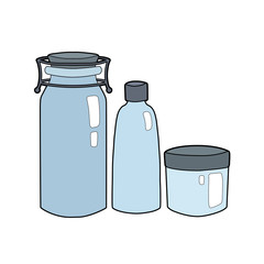 Set of cartoon contour blue glass bottles and cans. Zero Waste objects isolated on white background. Bring your bottle. Vector element for menu, articles and your design.