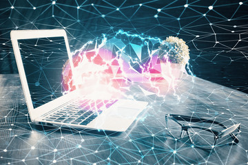 Multi exposure of work space with computer and human brain hologram. Brainstorm concept.