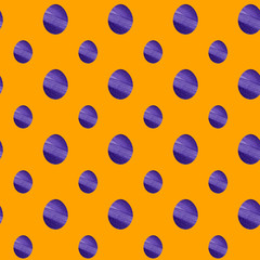 Purple Easter egg seamless pattern. Hand drawing watercolor sketch on orange background. Colorful illustration. Picture can be used in greeting cards, posters, flyers, banners, logo, further design