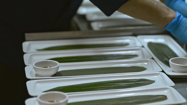 chef hands serving leaves ans sause on plate lrrl. worker preparing meal for banquet buffet or smorgasbord. catering, restaurant, cafe concept. cooking dish in the kitchen