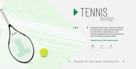Tennis invitation template with ball, racket and sample text