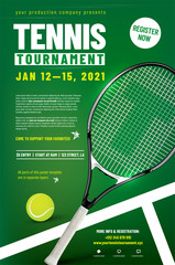 Tennis tournament poster template with racket and ball
