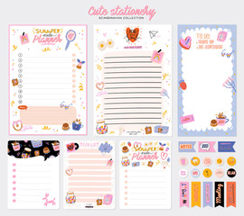 Collection of weekly or daily planner, note paper, to do list, stickers templates decorated by cute love illustrations and inspirational quote. School scheduler and organizer. Flat vector