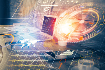 Double exposure of computer and technology theme hologram. Concept of freelance work.