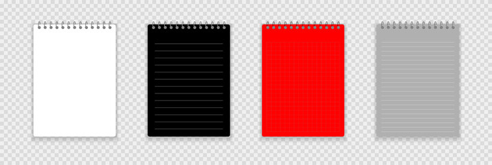 Realistic notebook or notepad with binder isolated. Memo note pad or diary with lined and squared paper page templates. Vector illustration