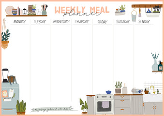 Collection of weekly or daily planner, note paper, to do list, stickers templates decorated with interior kitchen illustrations and inspirational quote. School scheduler and organizer. Flat vector