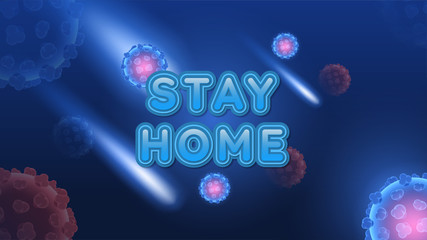 Stay home Coronavirus disease 2019 (Covid-19) 3d microscopic illustration background design. SARS virus pandemic respiratory syndrome concept. Premium vector EPS10.
