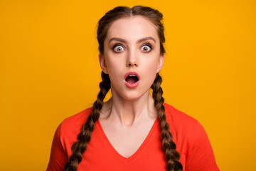 Closeup photo of attractive shocked lady two long braids open mouth listen unexpected awful news...