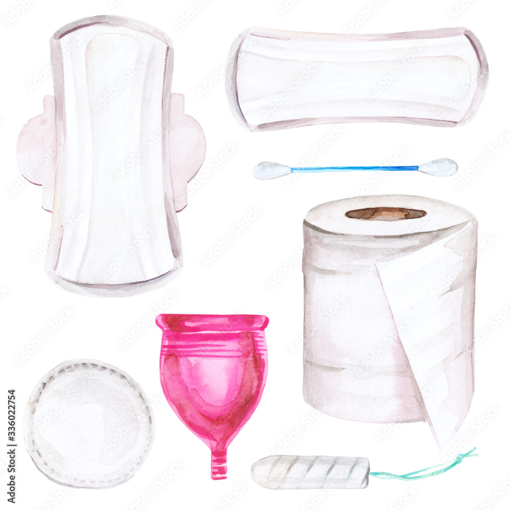 Wall mural Watercolor illustration of woman hygiene set including tampons, toilet paper, cotton swab and pads and menstrual cup and pads