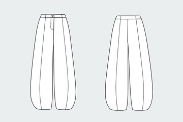 Female pants vector template isolated on a grey background. Front and back view. Outline fashion technical sketch of clothes model.