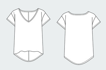 Female t - shirt vector template isolated on a grey background. Front and back view. Outline fashion technical sketch of clothes model.