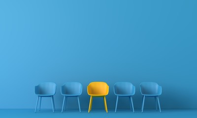 Yellow chair standing out from the crowd. Business concept. 3D rendering