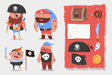 Cute pirates characters and elements vector cartoon set isolated on background.
