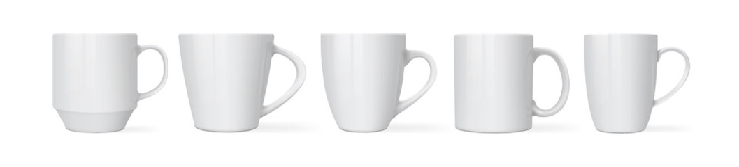 white  mugs of different designs isolated on white background mock up
