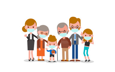 Family wearing Medical mask to prevent infection from spreading of Covid-19 Virus. Vector cartoon illustration in flat design style.