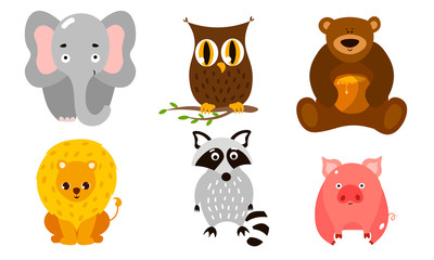 Funny cute domestic, farm and wild animals and birds vector illustration