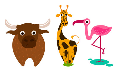 Funny cute farm and wild animals and birds vector illustration