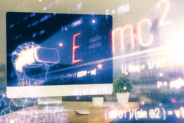 Desktop computer background and formula hologram writing. Double exposure. Education concept.