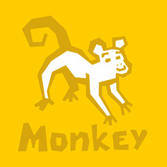 Vector stylized Monkey illustration Isolated on yellow background. Cute playful monkey icon. Brutal modern style. White icon, thick outline, text. Interactive card for learning the alphabet.