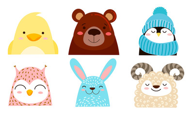 Faces of different smiling farm and wild animals and birds vector illustration
