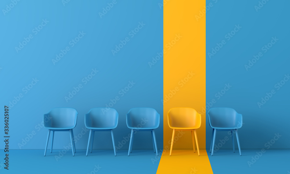 Wall mural Yellow chair standing out from the crowd. Business concept. 3D rendering