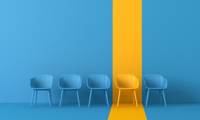 Fototapeta Yellow chair standing out from the crowd. Business concept. 3D rendering obraz