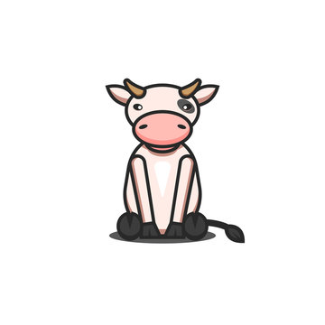 Cute cartoon cow toy character children vector illustration, sitting animal isolated on white background.