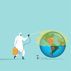 medical worker with full of personal protection equipment getting rid of coronavirus germs by spraying disinfectant COVID-19 virus pathogen that spread around the world, attempt to control disease