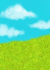Fototapeta na wymiar Summer landscape. Blue sky, white clouds and green grass. Digital illustration. Illustration for the decor and design of posters, postcards, prints, stickers, invitations, textiles and stationery.