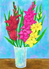 Bouquet of gladioli. Beautiful flowers in a vase. Illustration for the decor and design of posters, postcards, prints, stickers, invitations, textiles and stationery.