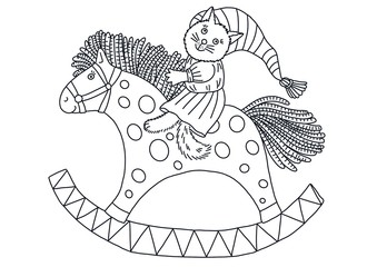 A kitten on a rocking horse. Digital black and white illustration. Coloring. Cute illustration for the decor and design of posters, postcards, prints, stickers, invitations, textiles and stationery.