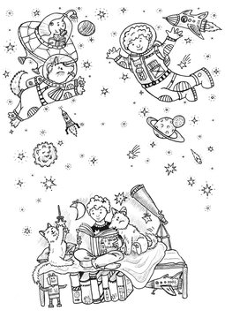 The boy dreams of space. Black and white ink illustration. Cute illustration for the decor and design of posters, postcards, prints, stickers, invitations, textiles and stationery.