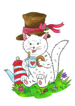White cat in a hat drinks tea. Color illustration on a white background. Cute illustration for the decor and design of posters, postcards, prints, stickers, invitations, textiles and stationery.