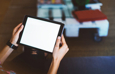 Hipster girl working tablet technology, workplace at home, isolation person holding computer with blank screen,  copy space mockup gadget, communication wifi internet