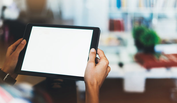 workplace at home, Hipster girl working tablet technology,, isolation student study computer with blank screen,  female hands holding mockup gadget, communication wifi internet