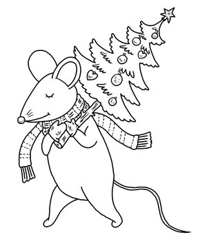 The mouse carries a Christmas tree. Coloring. Black and white digital illustration. Cute illustration for the decor and design of posters, postcards, prints, stickers, invitations, textiles.