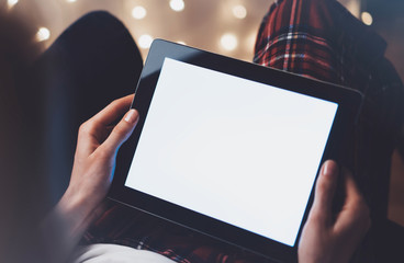 workplace at ralax home, Hipster girl working tablet technology, isolation student education on...