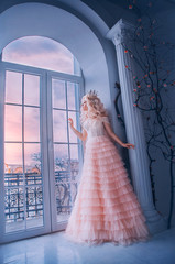 Fantasy beautiful medieval woman princess stands near window castle white room. Girl looking...