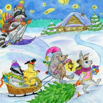 
Hare, hedgehog, raccoon and badger are walking before Christmas. Illustration in ink and colored pencils. Cute illustration for the decor and design of posters, postcards, prints, stickers.