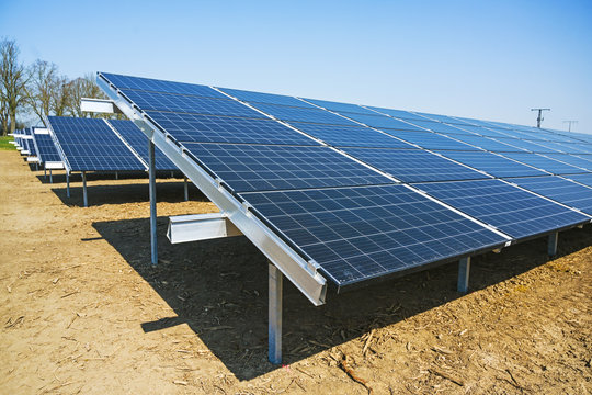 Field with solar thermal collectors, the panels generate renewable energy by photovoltaic technology, blue sky with copy space