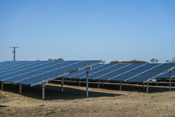 solar thermal collector field,  the panels generate renewable energy by photovoltaic technology, blue sky with copy space