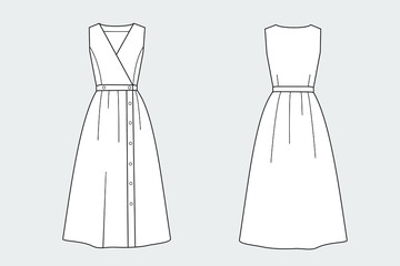 Female dress vector template isolated on a grey background. Front and back view. Outline fashion technical sketch of clothes model.