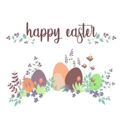 Happy Easter vector for book cover, banners, flyers, posters, brochures, invitations, presentations, gift cards. Eggs, flowers and springtime.